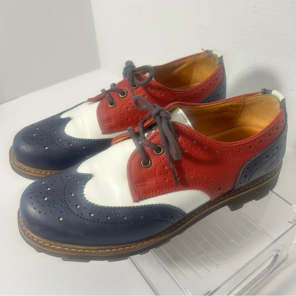 John Fluevog Women's Tricolor Wingtip Brogue Leather Shoes 9 Retro Boho Chic